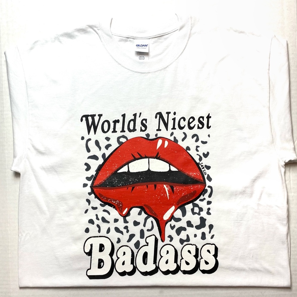 Nicest BADASS white graphic T-shirt. Trendy graphic T-shirt.